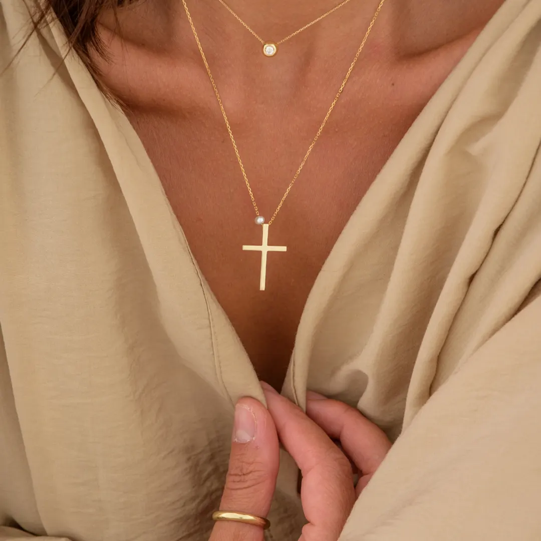 Thin Gold Cross Pendant with Freshwater Pearl - Image 3
