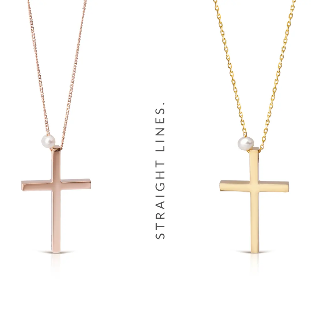 Thin Gold Cross Pendant with Freshwater Pearl - Image 9