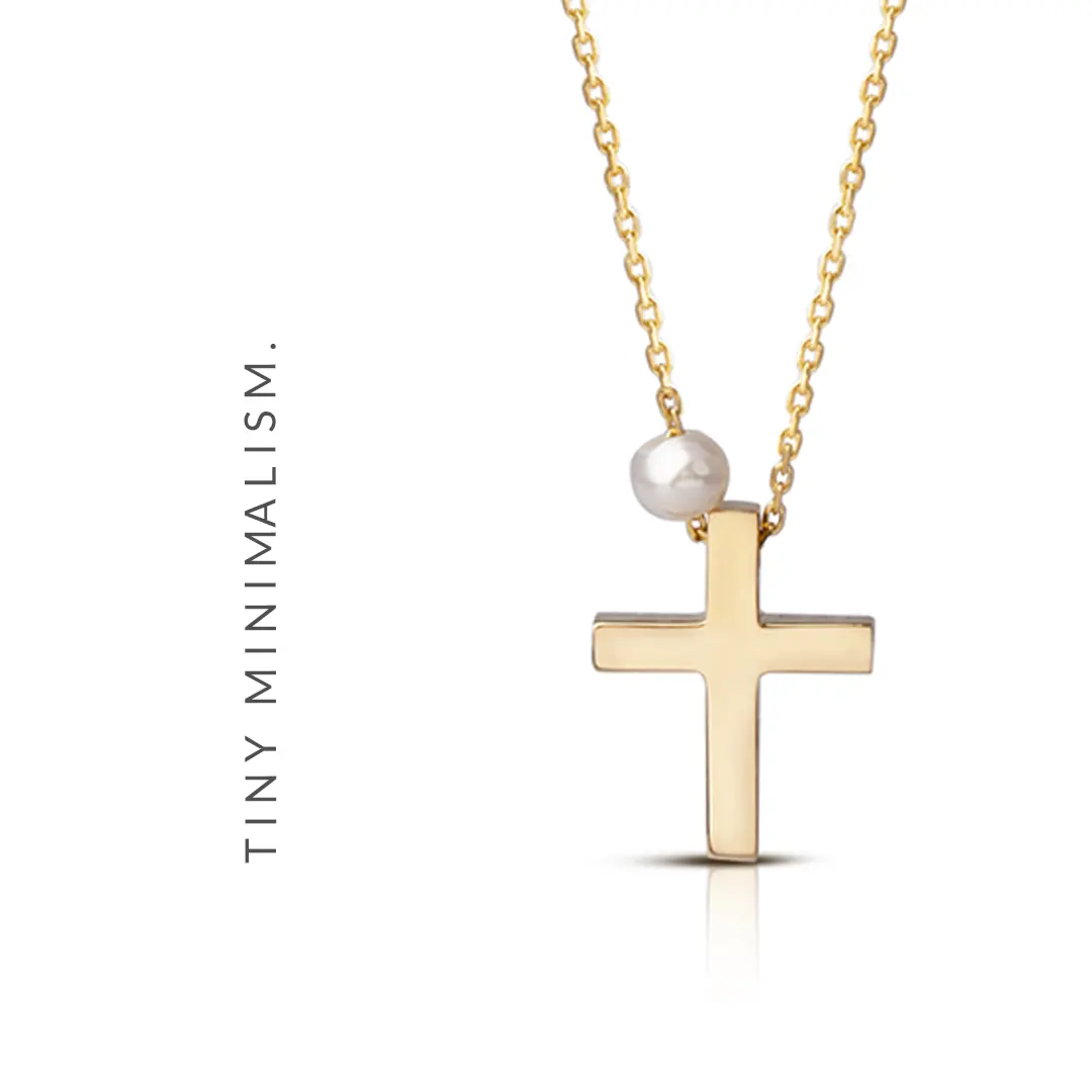 Tiny Gold Cross Pendant with Freshwater Pearl or plain - Image 5