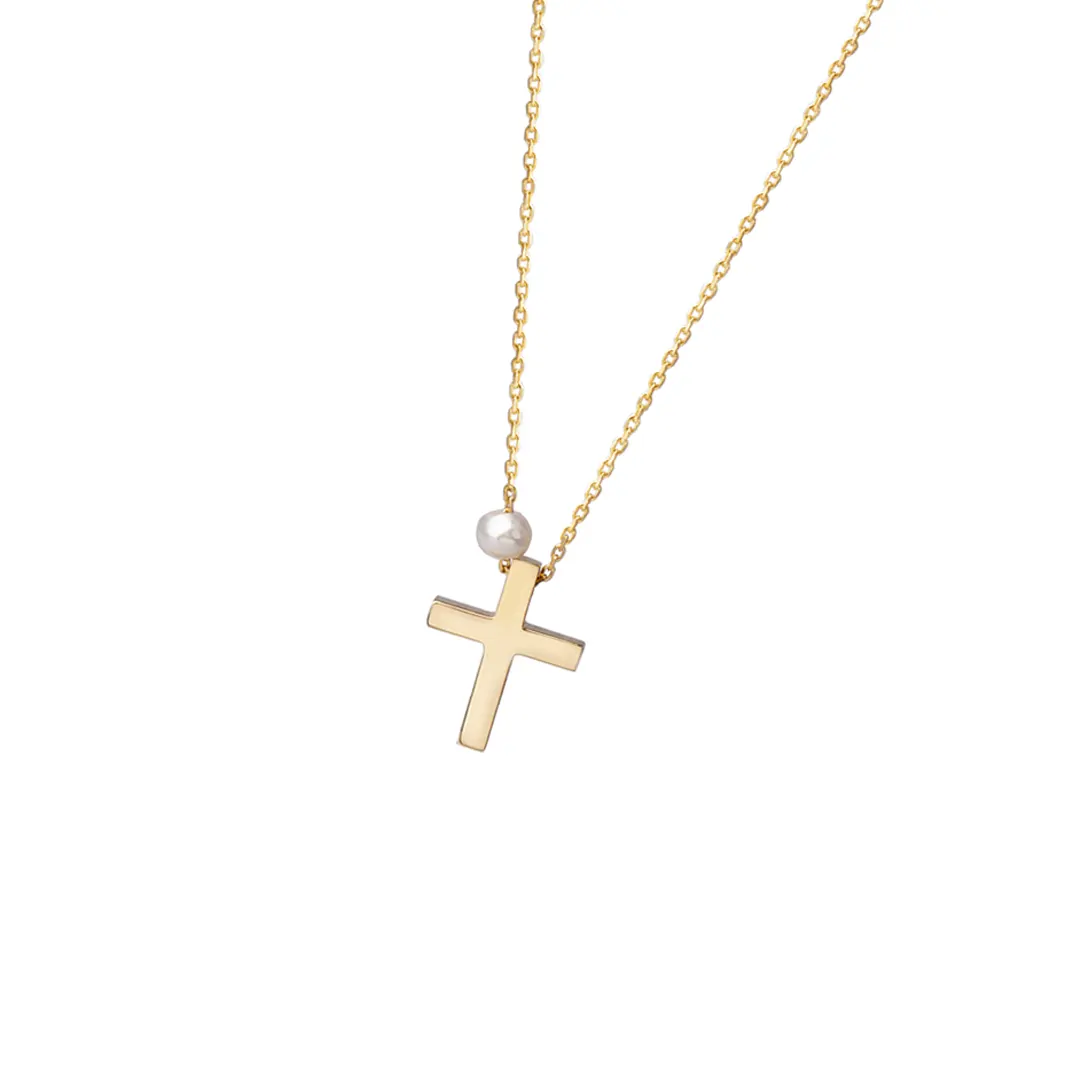 Tiny Gold Cross Pendant with Freshwater Pearl or plain - Image 6