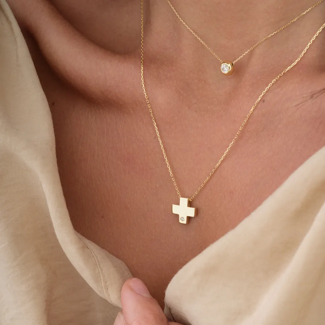 Tiny Squared Gold Cross Pendant - Image 2