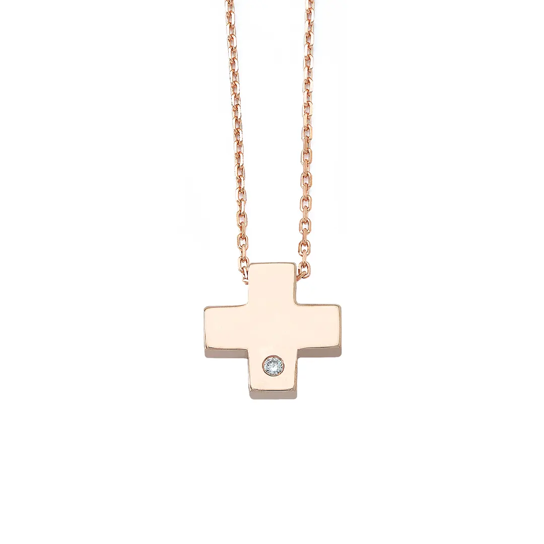 Tiny Squared Gold Cross Pendant with Diamond - Image 2