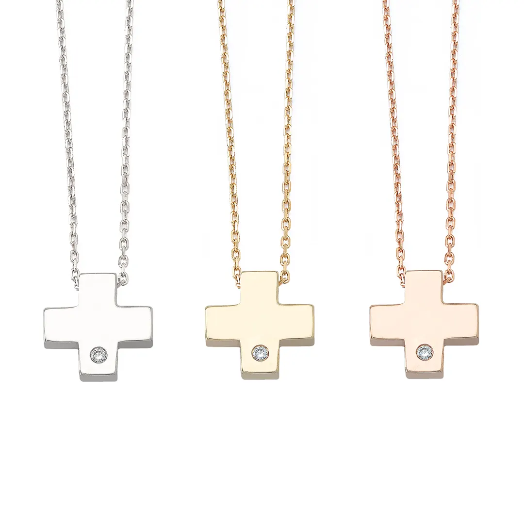 Tiny Squared Gold Cross Pendant with Diamond - Image 4
