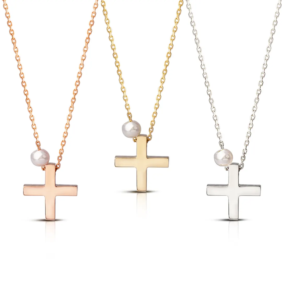 Tiny Squared Gold Cross Pendant with Freshwater Pearl or plain - Image 4
