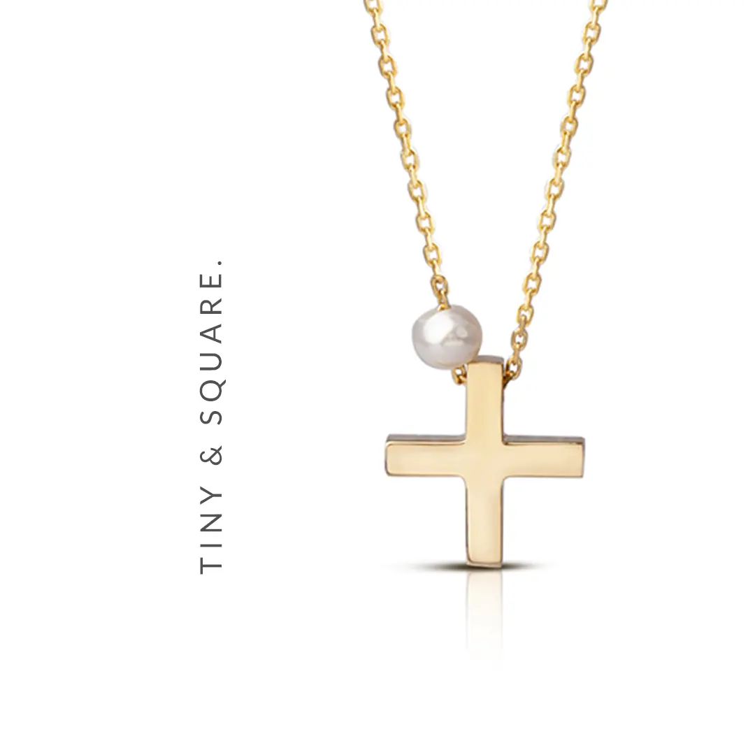 Tiny Squared Gold Cross Pendant with Freshwater Pearl or plain - Image 5
