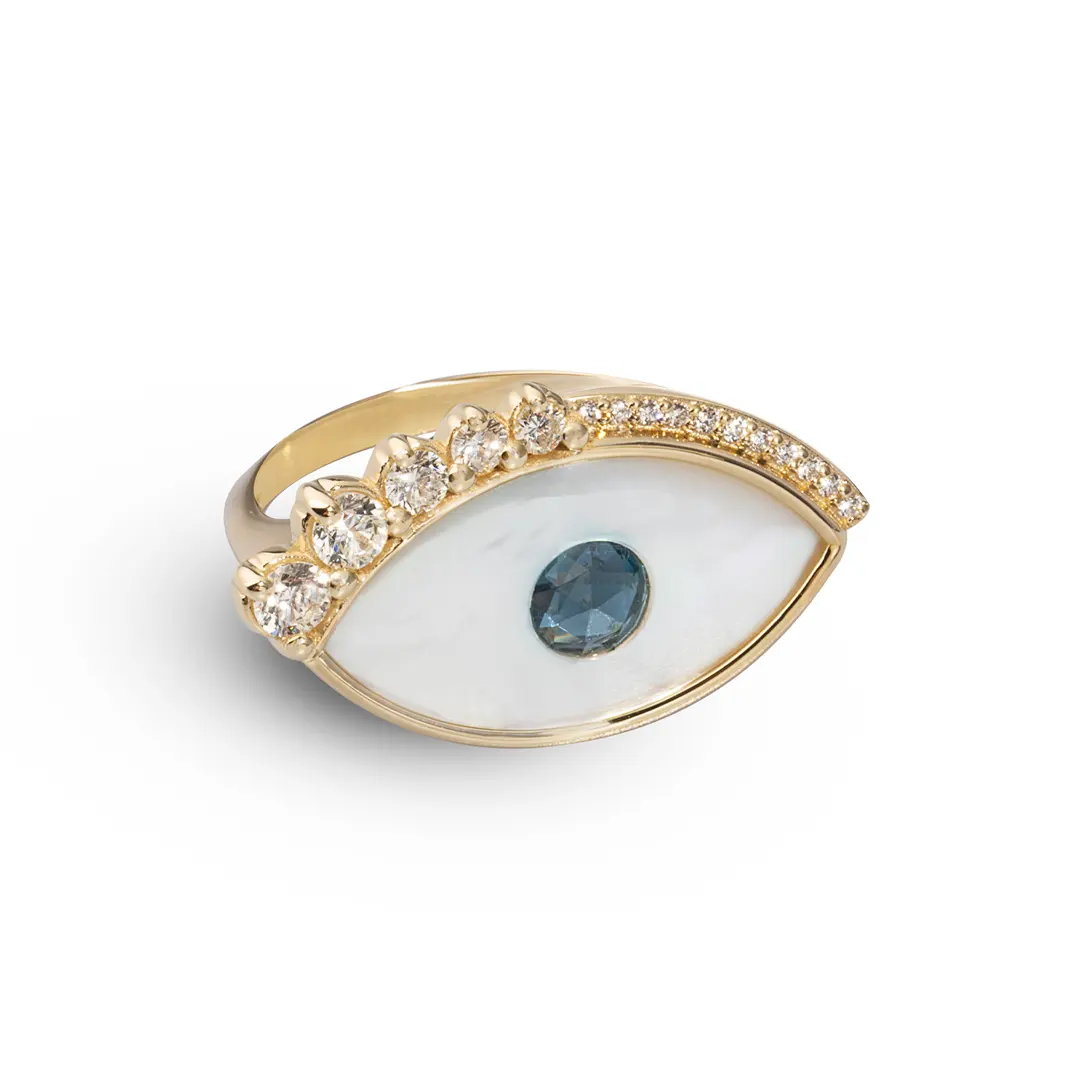 White and Blue Evil Eye 14K Gold Ring with Diamond Lashes