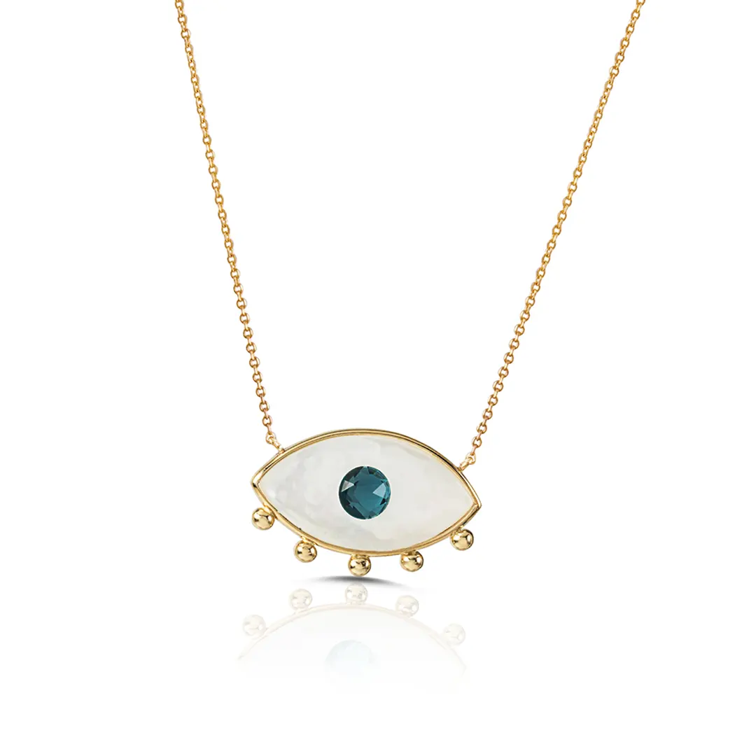 White and Blue Evil Eye 14K Gold Necklace with 5 Gold Dots - Image 2