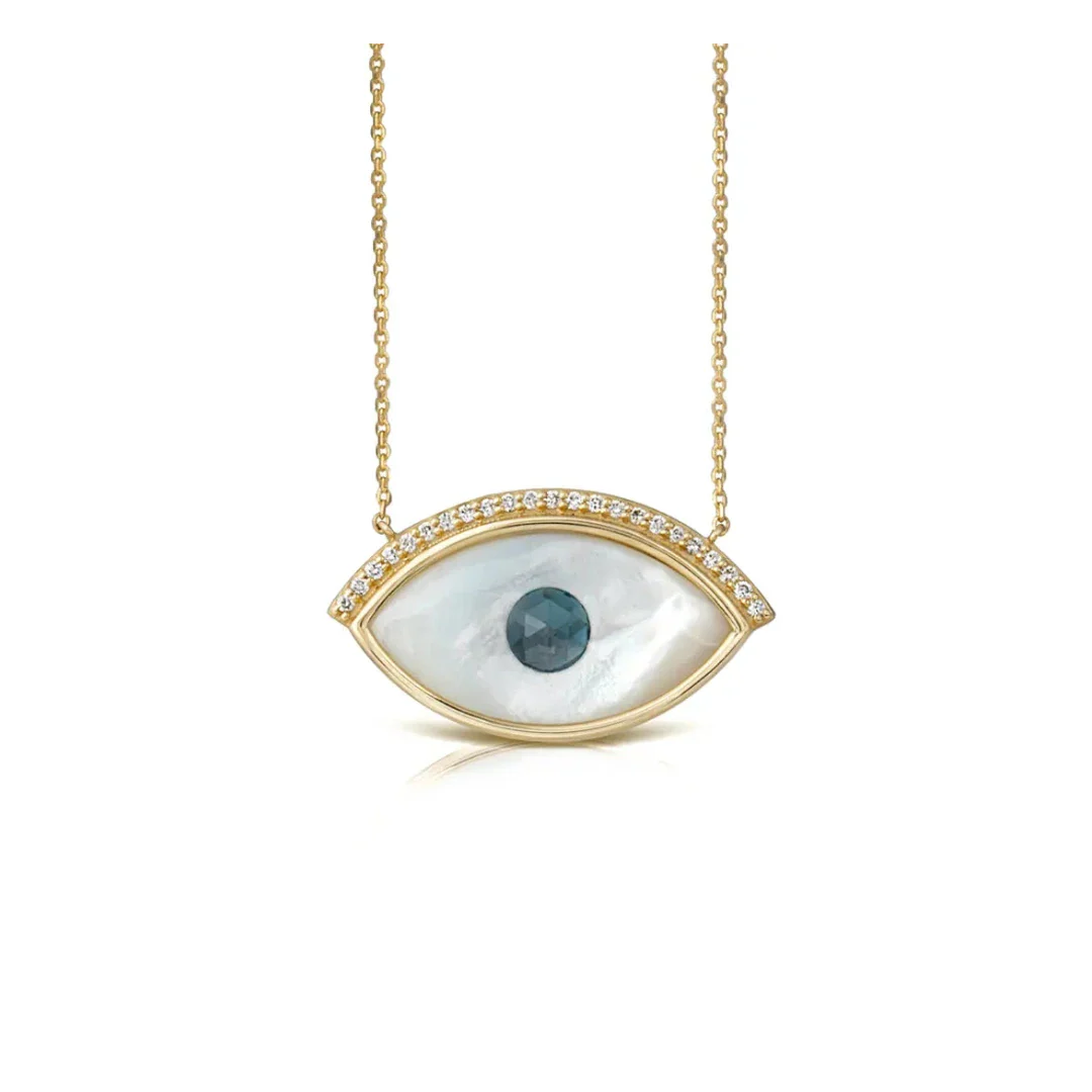 White and Blue Evil Eye 14K Gold Necklace with Diamonds