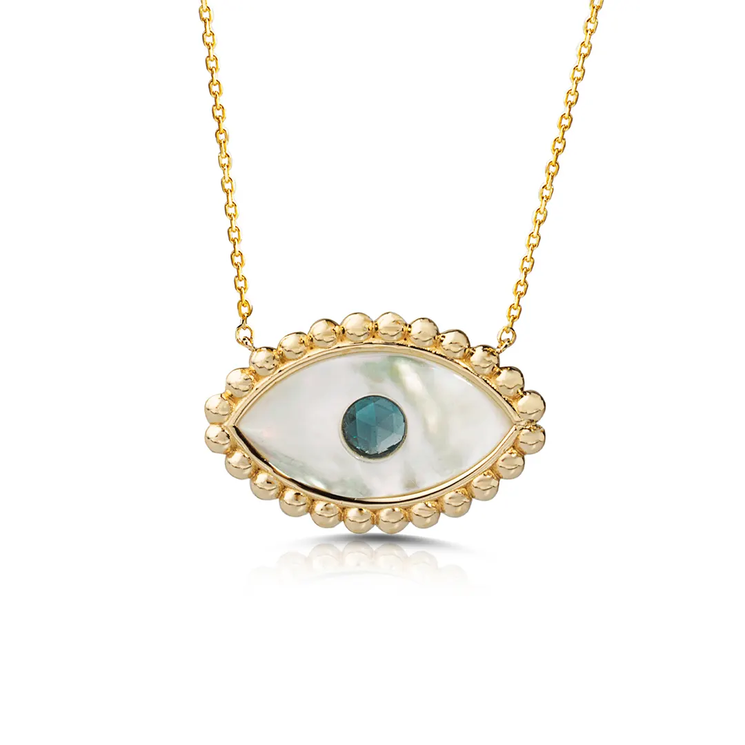 White and Blue Evil Eye 14K Gold Necklace with Gold Dots