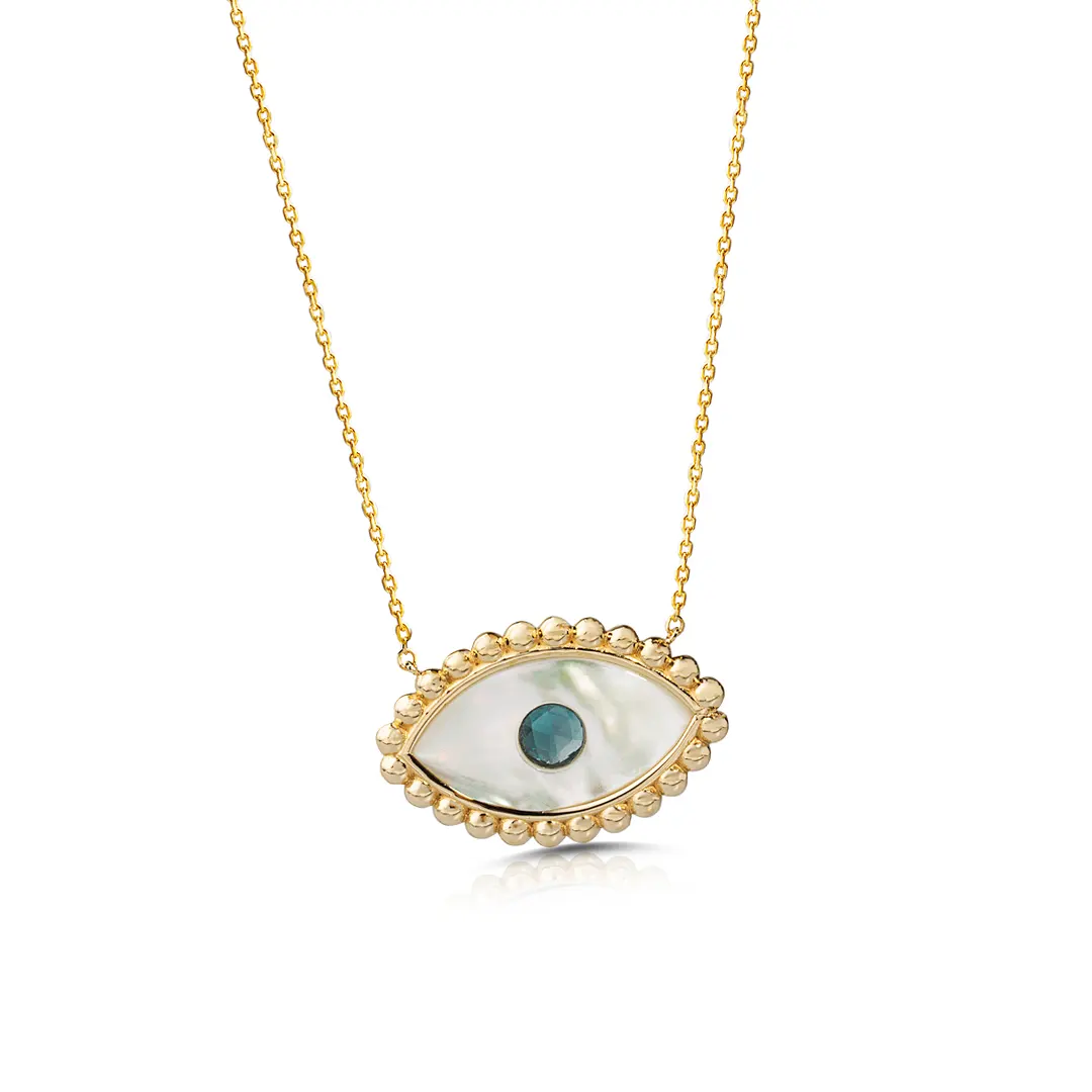 White and Blue Evil Eye 14K Gold Necklace with Gold Dots - Image 2