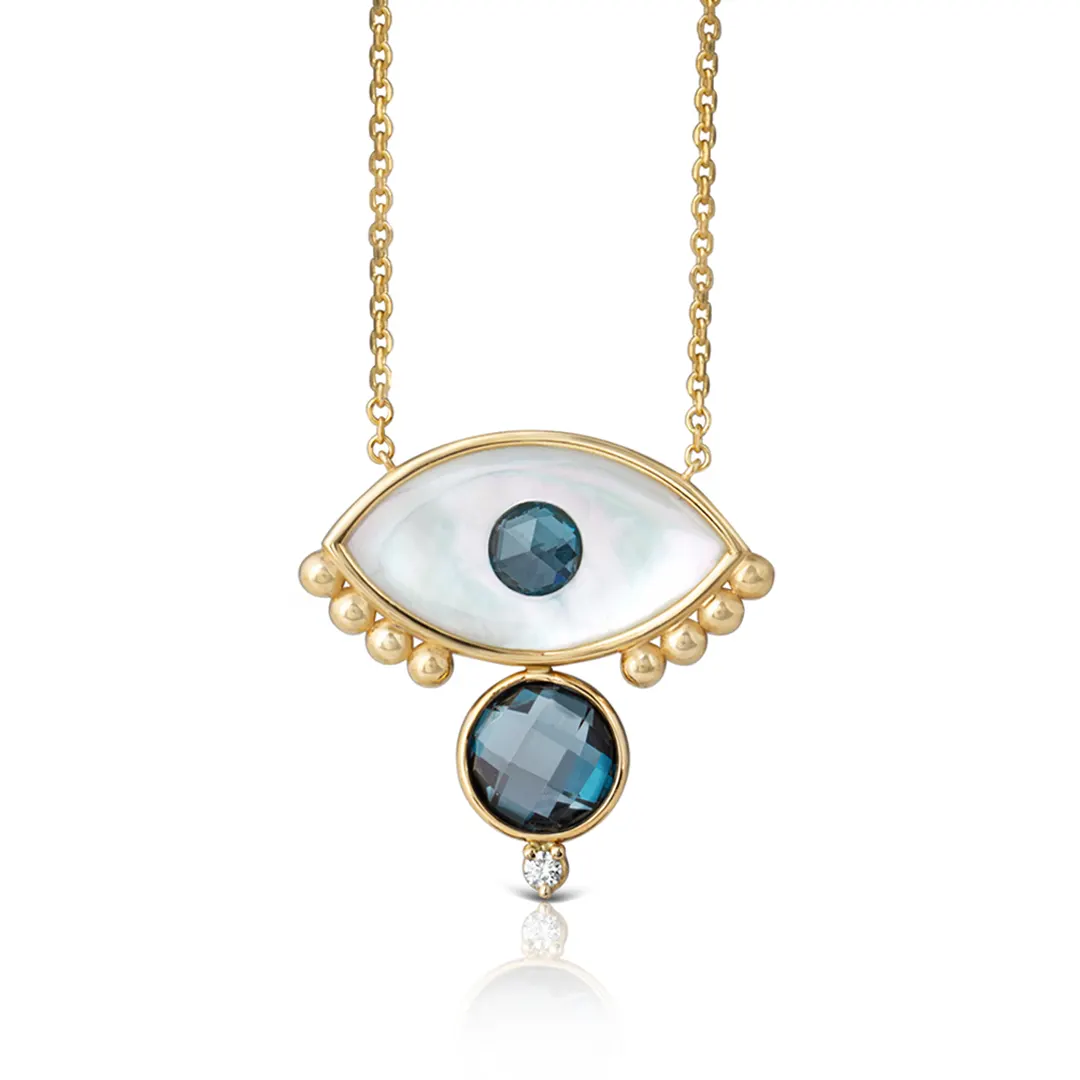 White and Blue Evil Eye 14K Gold Necklace with Gold Dots, London Blue Topaz and Diamond