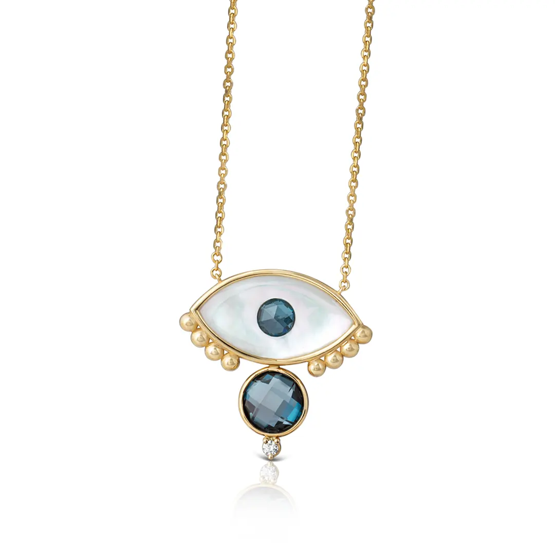 White and Blue Evil Eye 14K Gold Necklace with Gold Dots, London Blue Topaz and Diamond - Image 2