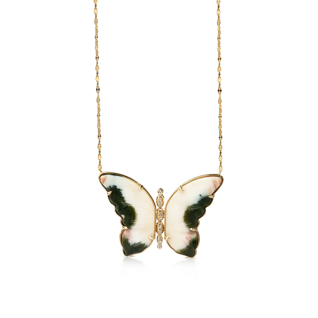 14K Gold Butterfly Necklace with White and Green Agate and Diamonds - Image 2